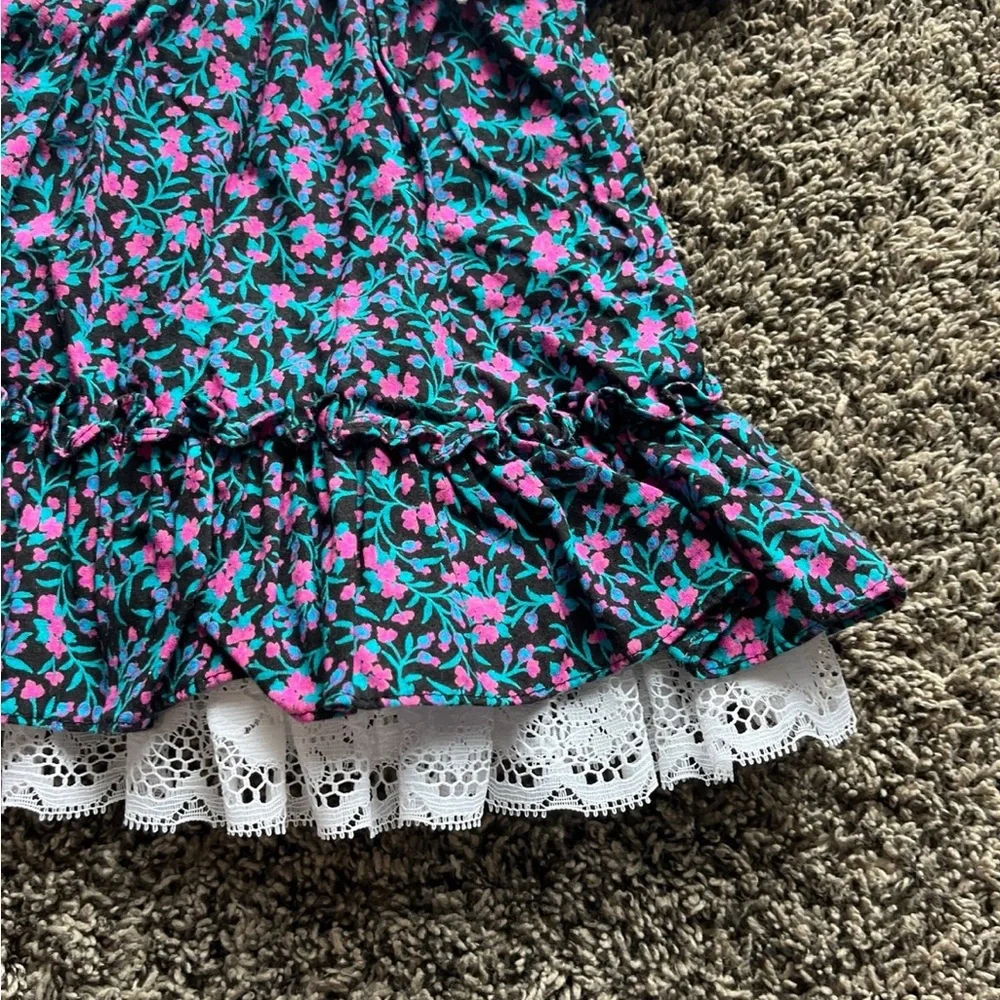 VINTAGE BRYAN Girls Floral Prairie Dress Lace Collar and Ruffle Hem 12 Months